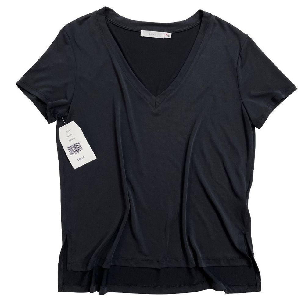 Lush V-Neck Tunic Tee Angled Hem Short Sleeve Black S NWT